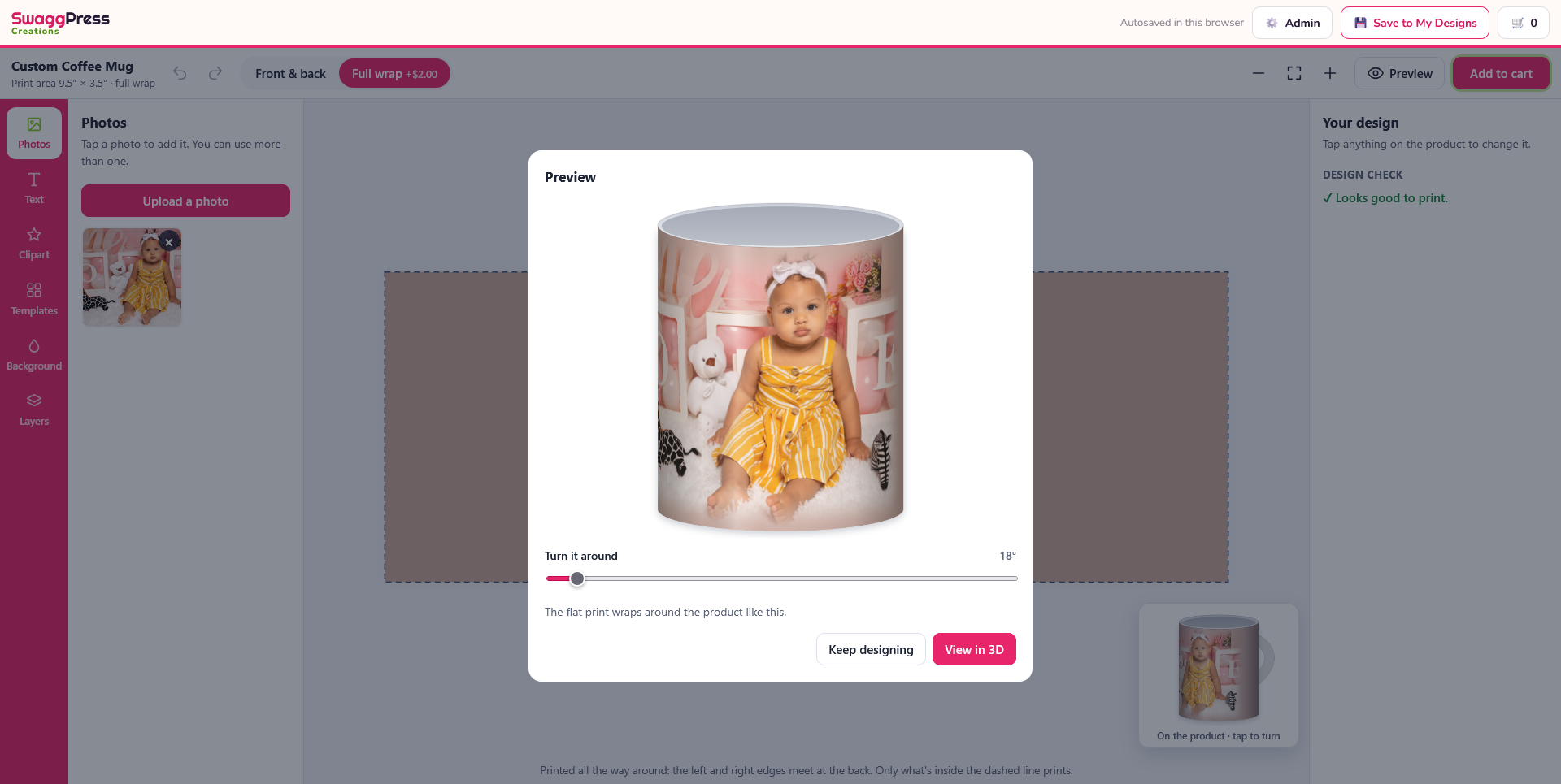 The SwaggPress design studio: a baby photo wrapped around a coffee mug in the preview